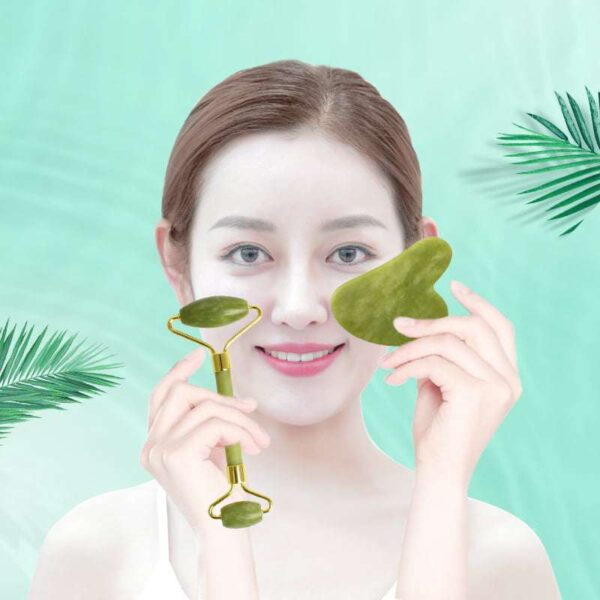 Facial Massage Jade Roller with Deep Curve Gua Sha Stone - Image 3