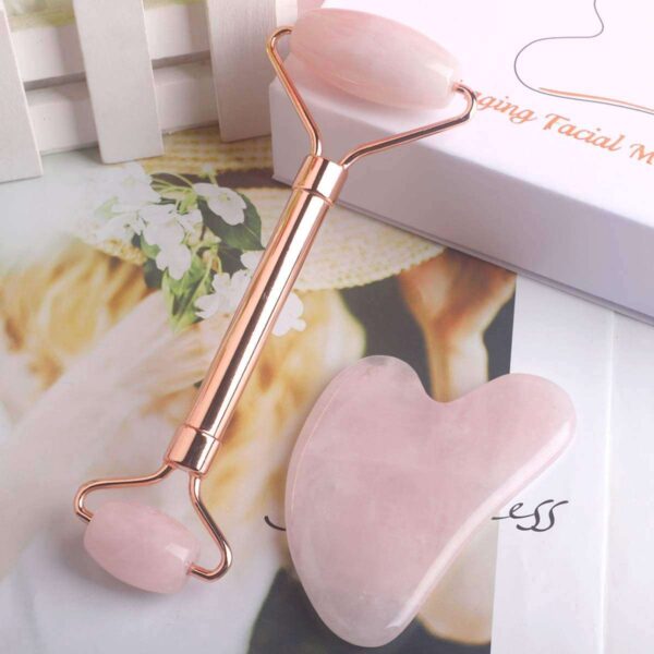 Pink Rose Quartz Roller Metal Handle with Deep Curve Gua sha Stone - Image 3